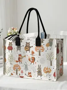 1 piece of 2D printed large capacity storage bag with animal band pattern, Shopping Bag, Reusable Bags, Casual shopping bag, sturdy handle, space-saving multi-purpose, suitable for use at school, on business trips, and shopping