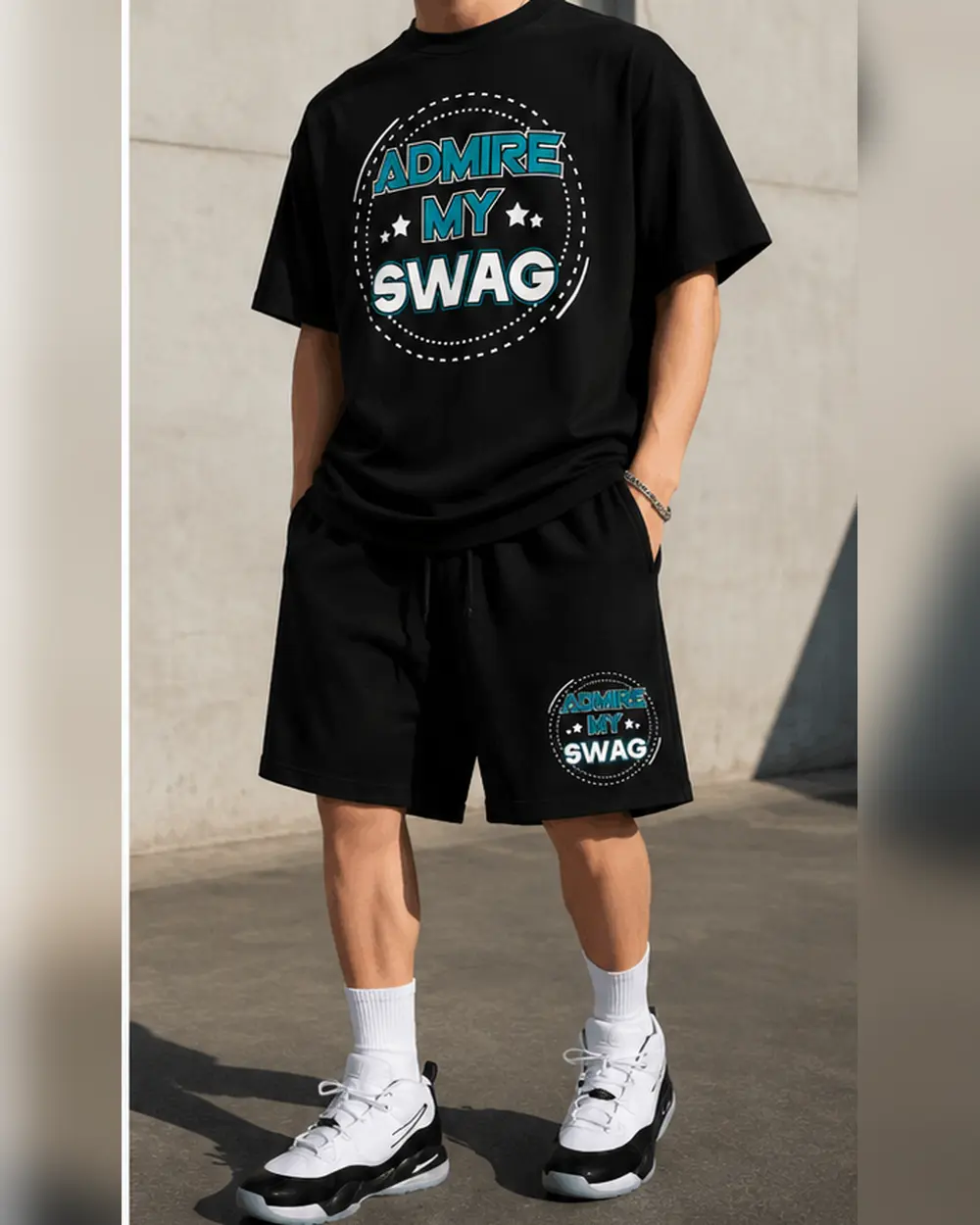 Admire My Swag Graphic Short Set, Nike Air Max Uptempo 95 White Photo Blue Black Sneaker Match Outfit, Unisex Streetwear Set