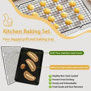 2-piece non stick baking tray set - stainless steel cake tray, carbon steel oven tray, and square iron cookie tray baking net set - safe and easy to clean oven, dishwasher washable, suitable for baking bread, cookies, grilled meat, and vegetables