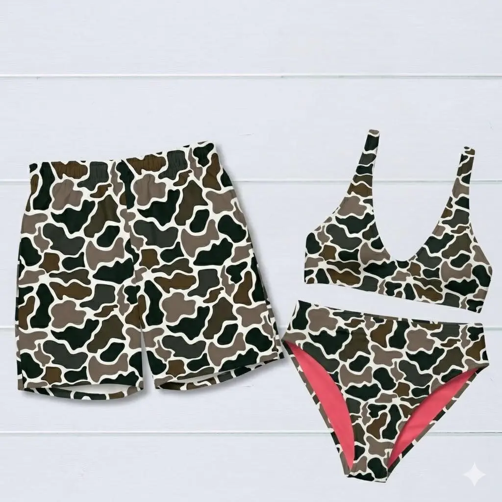 Brown Camouflage 2026 Trendy Matching Swimsuits Couple Beachwear Set Hunting Style High Waisted Two Piece Bikini and Mens Swim Trunks Outfit