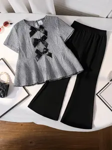 Girl's Gingham Print Bow Decor Short Sleeve Top & Solid Flare Leg Pants Set, Casual Fashion Vintage Girly Clothes Two-piece Set for Daily Outdoor Wear, Kids Clothing for Summer, Girl Clothes School, Summer Outfits Set