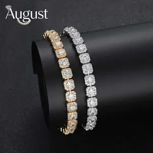 Unisex Hip Hop Stackable Artificial Gemstone Tennis Bracelet - 7mm Square Cubic Zirconia Links Jewelry, Birthday Gift with Gift Box, Stackable Bracelet