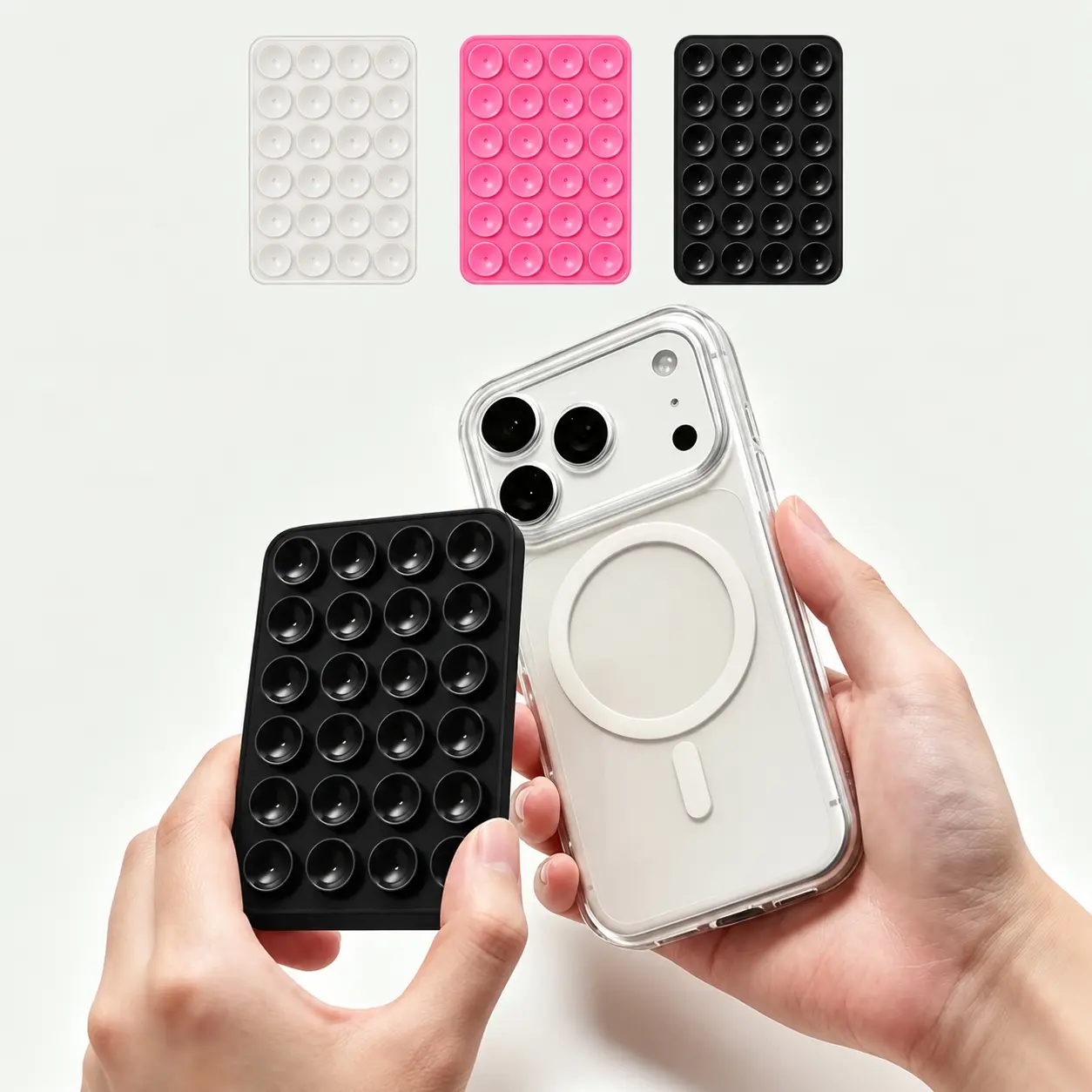 Magnetic Suction Cup Holder Silicone - Anti-Slip Magnetic Suction Silicone Suction Cup, Magsafe Compatible Smartphone Accessory,  Strong Magnetism for Hands-Free Selfies, Video Content Creation (Black/Pink/White)