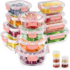 34pcs Glass Food Storage Containers with Lids Set, Airtight Glass Meal Prep Containers (17 Containers & 17 Lids), Leak Proof Lunch Container BPA-Free, Microwave, Oven, Freezer, Dishwasher Safe-PINK