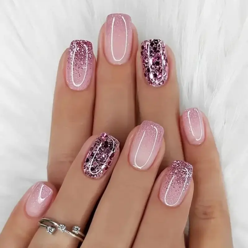 24pcs Short Square Glitter Gradient Removable False Nails, Press On Nails, Nail Designs, Nail Art Supplies, Personal Care, Hand and Foot Nail Maintenance