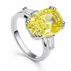 BERRICLE Sterling Silver 3-Stone Statement Cocktail Ring for Women, 9 Carat Canary Yellow Cushion Cut Cubic Zirconia CZ