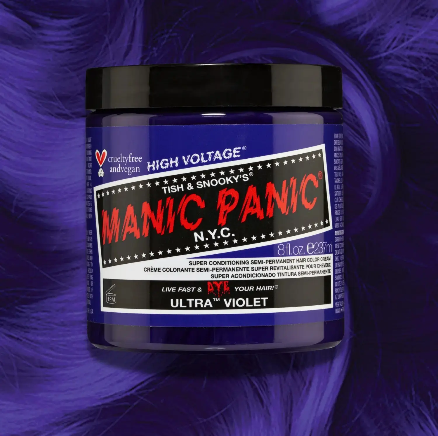 Manic Panic Ultra Violet Classic High Voltage Ammonia-Free Cream Semi-Permanent Hair Dye - 8oz Vegan Tub, Lightening At-Home Color, Conditioning, 4-6 Weeks Wear, Blue Aesthetic Compatible, For Dyeing Hair