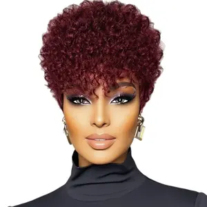 99J Pixie Wig 8inch Human Hair Wig with Rich Burgundy Color and Curly Texture for Stylish Looks
