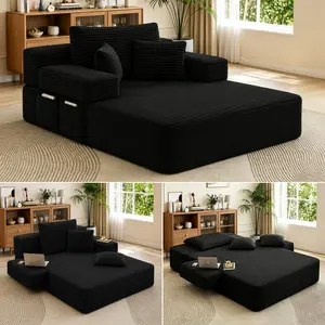 70‘’Luxurious Plush Corduroy Chaise Lounge with 3 Pillows, Convertible Sofa Bed with Storage Pocket, Frameless Design & Compression Foam for Small Spaces, Living Room, Apartment summergarden