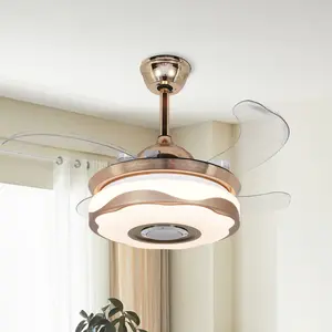 38 Inch Gold Bluetooth Ceiling Fan with Light, 7-Color LED Dimmable Fan Light with Speaker & Remote, Retractable Blades for Bedroom Living Room