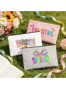 Maestra Teacher Canvas Zipper Pouch, Día del Maestro Gift Pencil Case, Reusable Makeup Bag for Teachers, Teacher Appreciation Gift for Back To School