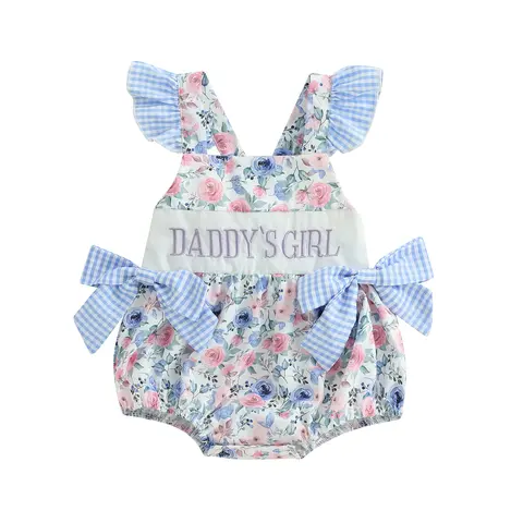 Baby Girls Romper, Fly Sleeve Flower Print Embroidery Letters Bow Infant Bodysuit Summer Clothes for Casual Daily