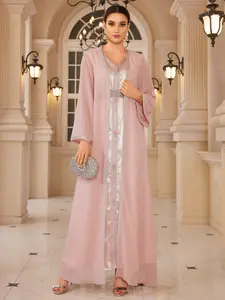 Middle Eastern Chiffon Maxi Outer Robe, Embroidered V-Neck Loose Fit Two-Piece Set, Elegant and Gentle, All Seasons Wear