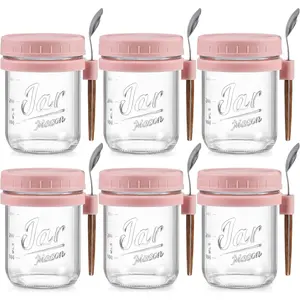 6 Pack Overnight Oats Containers with  and Spoons, 16 oz Glass Mason Overnight Oats Jars, Large Capacity Airtight Jars for Milk, Cereal, Fruit()