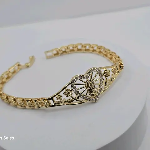 BRACELET WITH VIRGIN MARY clear stone's heart style with roses style gold-plated 7"inches