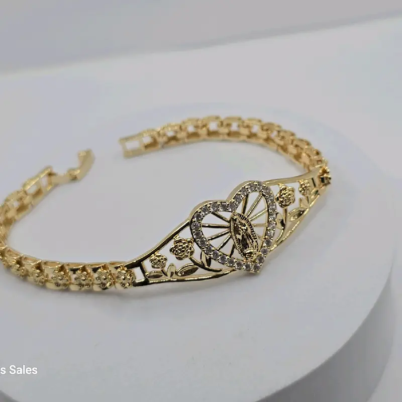BRACELET WITH VIRGIN MARY clear stone's heart style with roses style gold-plated 7"inches
