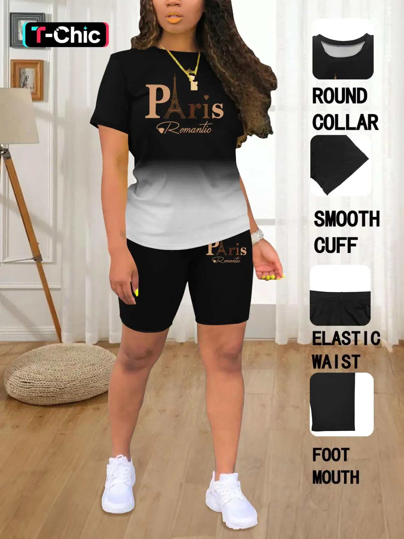 Summer Round Neck Short Sleeve Ombre Print T-Shirt and Shorts Set, Casual Long Length Fitted Suit, Plain Surface, 88.2 G/m²
