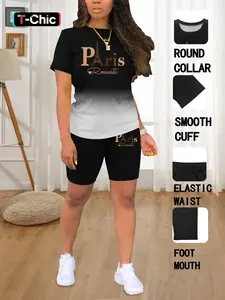 Summer Round Neck Short Sleeve Plain Printed T-Shirt Shorts Set, Casual Loungewear Set, Casual Fitted Cartoon Pattern, Women's Fashion, Womenswear Outfit, Clothing Set