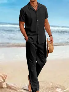 Men’s two-piece set: solid-color short-sleeve top and pants. Fashionable regular fit with comfortable quality; casual button-collar top and pants. Lightweight summer set, breathable beach outfit. fathersdaygift