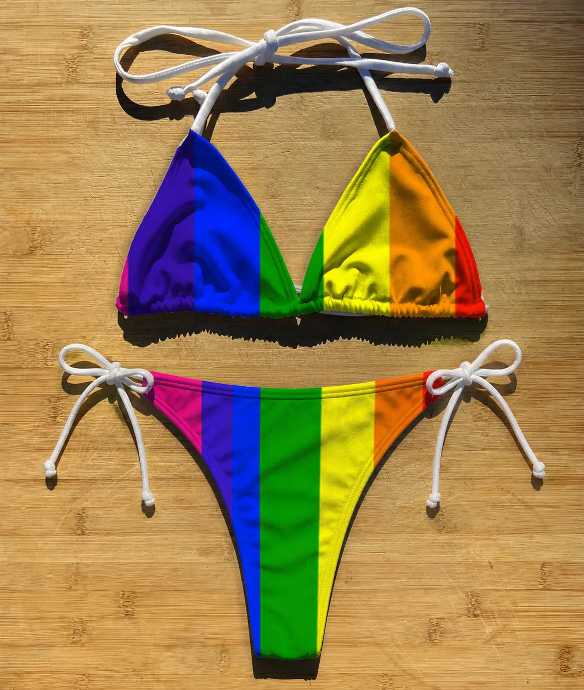 Pride Flag Swimwear Set, Rainbow String Bikini & Hawaiian Shorts, LGBTQ Beach Outfit, Summer Vacation Pool Party Swimsuit