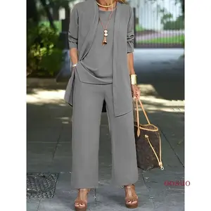 Chic Solid Three-Piece Outfit Set - Comfy Long Sleeve Cardigan, Versatile Top & Sleek Pants - Everyday Casual Wear for Women Suits Womenswear Basic Caramel Colour Can be used with a raincoat