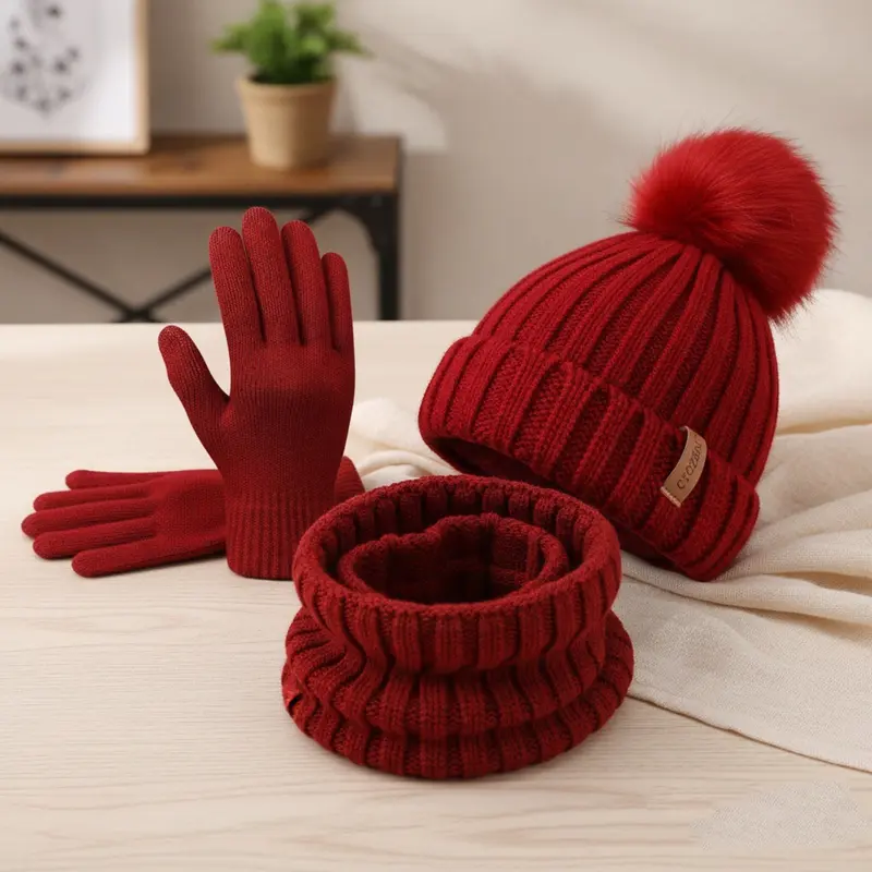 Winter Hat & Gloves Set - Knitted Touchscreen Mittens & Beanie Wholesale Winter Beanie Hat Scarf Touchscreen Gloves Set for  main image 3