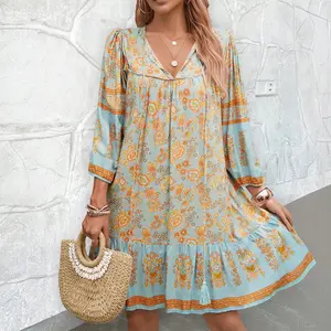 Women Casual Summer Dress, Boho V Neck Babydoll Floral Print Flowy Beach Dress