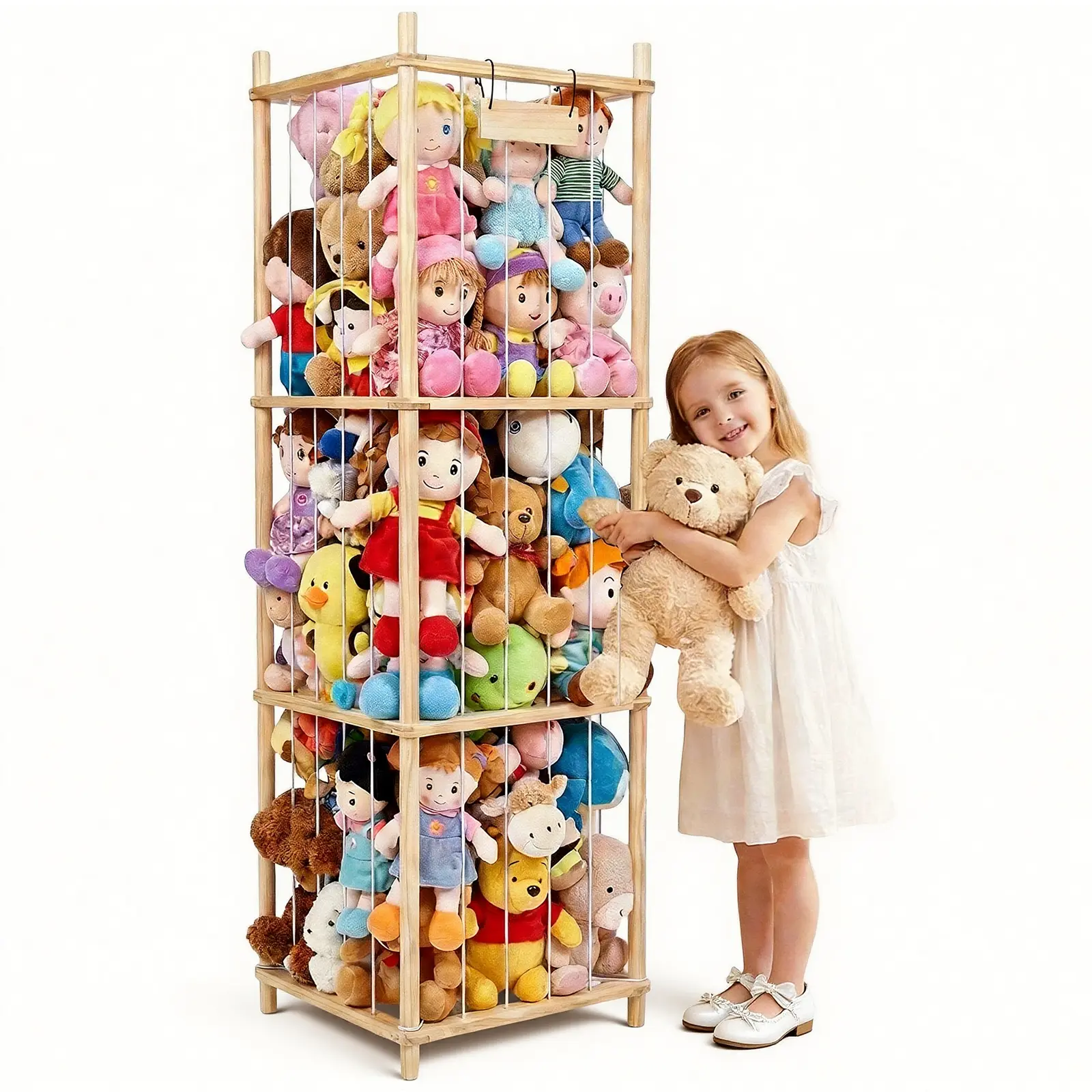 Toy Storage Organizer, 55" Wooden Large Plush Toy Holder Organizer for Kids Plush Storage Cage with Elastic Band and Mesh for Bedroom or Playroom