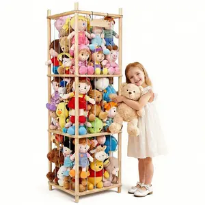 Toy Storage Organizer, 55" Wooden Large Plush Toy Holder Organizer for Kids Plush Storage Cage with Elastic Band and Mesh for Bedroom or Playroom