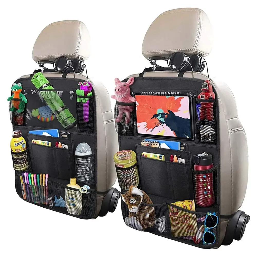 2 Pack Car Backseat Organizer with 10" Table Holder, 9 Storage Pockets Seat Back Protectors Kick Mats for Kids Toddlers, Travel Accessories