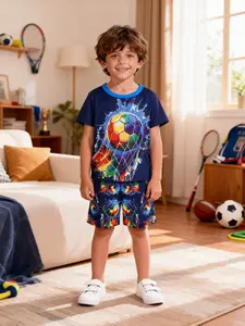 Boys' 2-Piece Short Set Digital Print Football Pattern, Casual Comfortable Homewear Sleepwear, Fitted Style, Cartoon Design, Snug Fit Pajamas