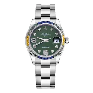 Rolex Oyster Perpetual Date 34 Stainless Steel Aftermarket Green Diamond Dial & Rainbow Sapphire Bezel 115200 WHP040020
