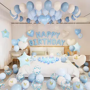 Blue Happy Birthday Decorations Balloons Kit, Party Decor Balloons with Happy Birthday Banne Dusty Blue Sand White Confetti Foil Balloons  Butterfly, Light Blue Birthday Decorations
