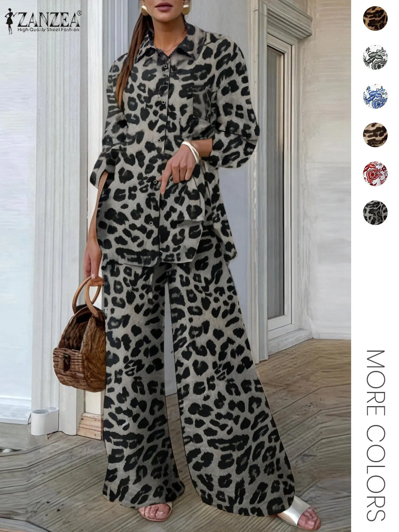 Two-piece Set Women's Leopard Print Button Front Shirt & Elastic Waist Wide Leg Pants, Casual Long Sleeve Pocket Collared Top & Tie Front Trousers for
