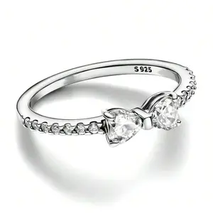 White Cubic Zirconia Shiny Bow Knot Design Ring, Fashion Minimalist Jewelry, Suitable For Gifting On Valentine's Day Or Everyday Wear