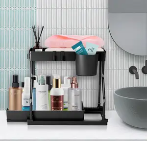 Under Sink 2-Tier Sliding Organizer with Frame Pull-Out Storage Basket Space-Saving for Kitchen Bathroom Laundry Room Sturdy Metal Frame Smooth Sliding Mechanism Adjustable Acrylic Straw Holder blade stand cork