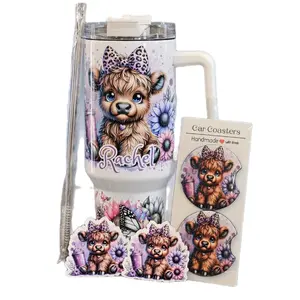 Personalized Highland Cow Tumbler - 40oz Quencher - Purple - Stainless Steel Insulated - Gift for Her -  Drinkware Water Bottles