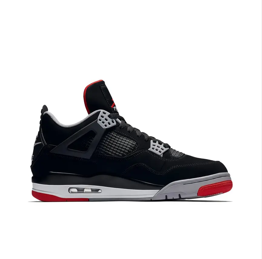 Classic mid-top casual basketball shoes, black grey red colorway, visible air cushion, stylish trainers for men women street fashion
