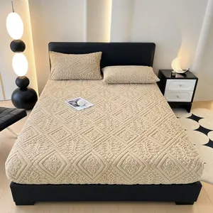 King Size Cream Beige Embossed Plush Fleece Fitted Sheet - Single Pack Jacquard Velvet Mattress Cover with 10 in Deep Pocket, Soft Warm Winter Bedding