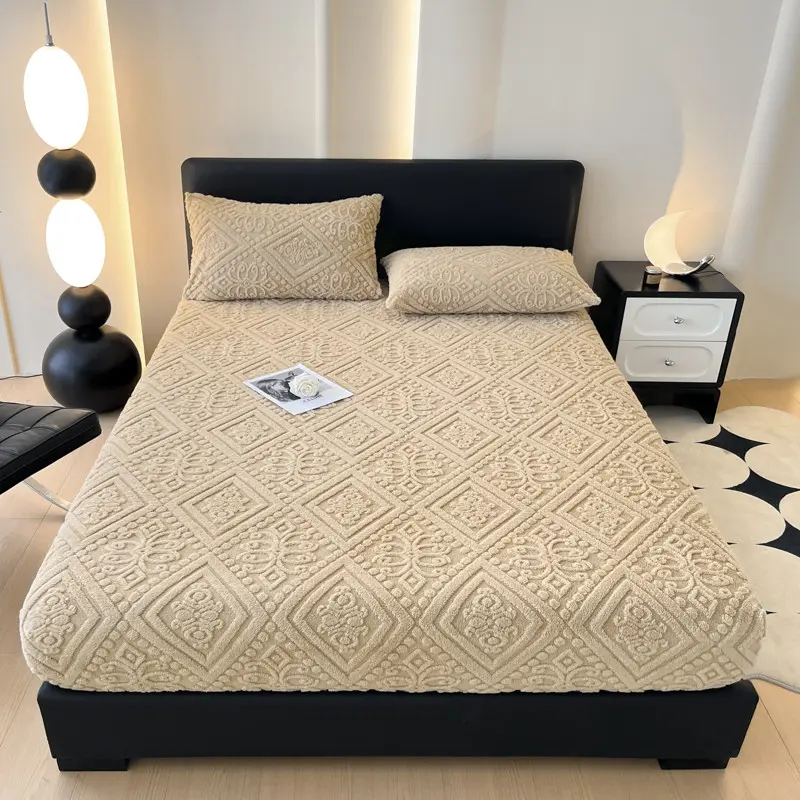 King Size Cream Beige Embossed Plush Fleece Fitted Sheet - Single Pack Jacquard Velvet Mattress Cover with 10 in Deep Pocket, Soft Warm Winter Bedding