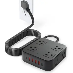 Smallrt Multi-Port Compact Power Strip, Desktop Connector with Overvoltage Protection, 2m Cable, 8 Ac Outlets & 4 USB Ports, Office Use