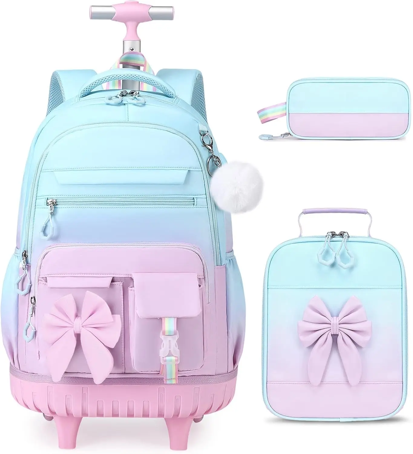SIMILOVE Girls' Rolling Backpack with Retractable Rod, Cute Tear-Resist. Wheeled Girls' Pack Set with Lunch Bag & Pencil Case, Wheel Mobility for School Commute (Elementary-Middle School)