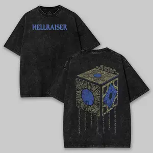 Hellraiser (1987) 80s Horror Movie Graphic Tee, Black Hell Gothic T-Shirt, Retro Vintage Scary Movie Apparel, Lament Configuration Merch Memorabilia Cotton Fabric