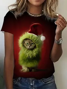 Women's casual Christmas T-shirt - Olive green short sleeved round neck top with Santa Claus hat print, lightweight summer holiday party outfit, suitable for Christmas parties and daily wear