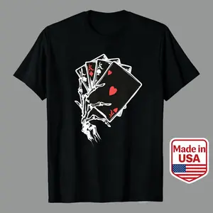 Black Casual Graphic Tee With Skeleton Hand Holding Playing Cards Design Men's Casual Graphic Tees 100 Premium Cotton Unisex T-Shirt Perfect For Poker Nights And Halloween Events Great Gift For Card Game Enthusiasts Casablanca Patterned penny tee tees