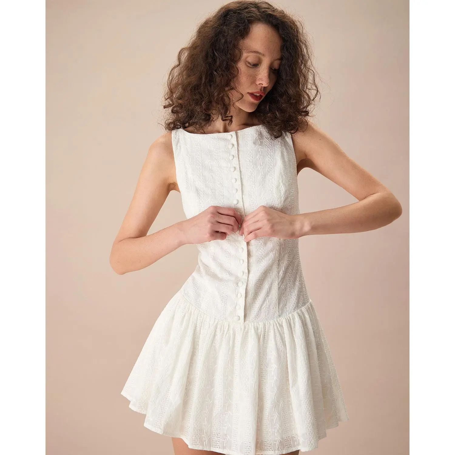 Rihoas Women's White Boat Neck Jacquard Cotton-Polyester Sleeveless Button-Front Zipper-Accent Skater Mini Dress - Soft Premium Casual Resort Wear Rihoas Women's White Boat Neck Jacquard Cotton-Polyester Sleeveless Button-Front Zipper-Accent Skater Mini Dress - Soft Premium Casual Resort Wear