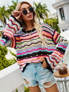 Women's Colorful Striped Print Hollow Out Drop Shoulder Sweater, Casual Long Sleeve Round Neck Jumper for Spring & Fall, Fashion Women's Knitwear for Daily Wear