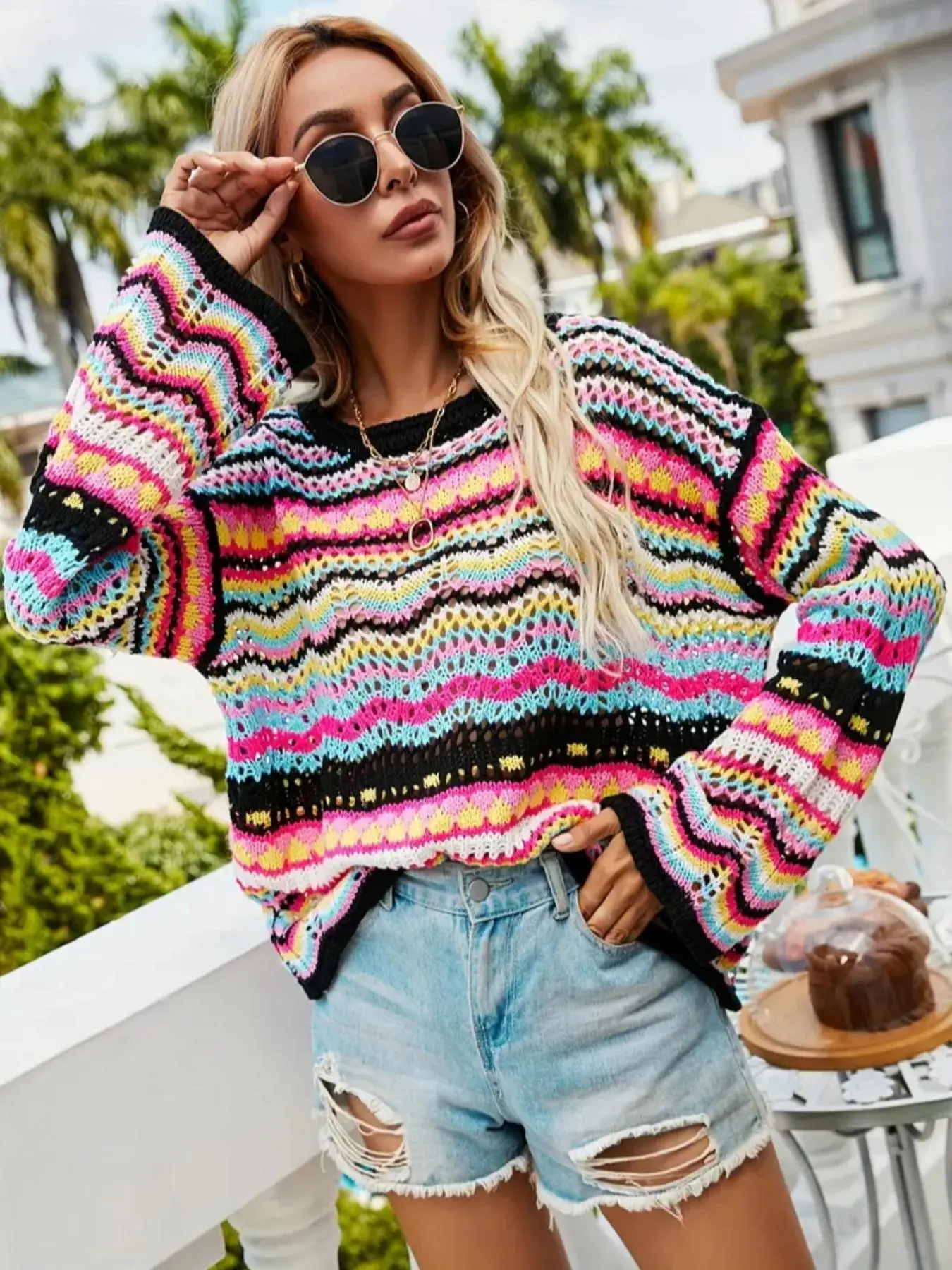 Women's Colorful Striped Print Hollow Out Drop Shoulder Sweater, Casual Long Sleeve Round Neck Jumper for Spring & Fall, Fashion Women's Knitwear for