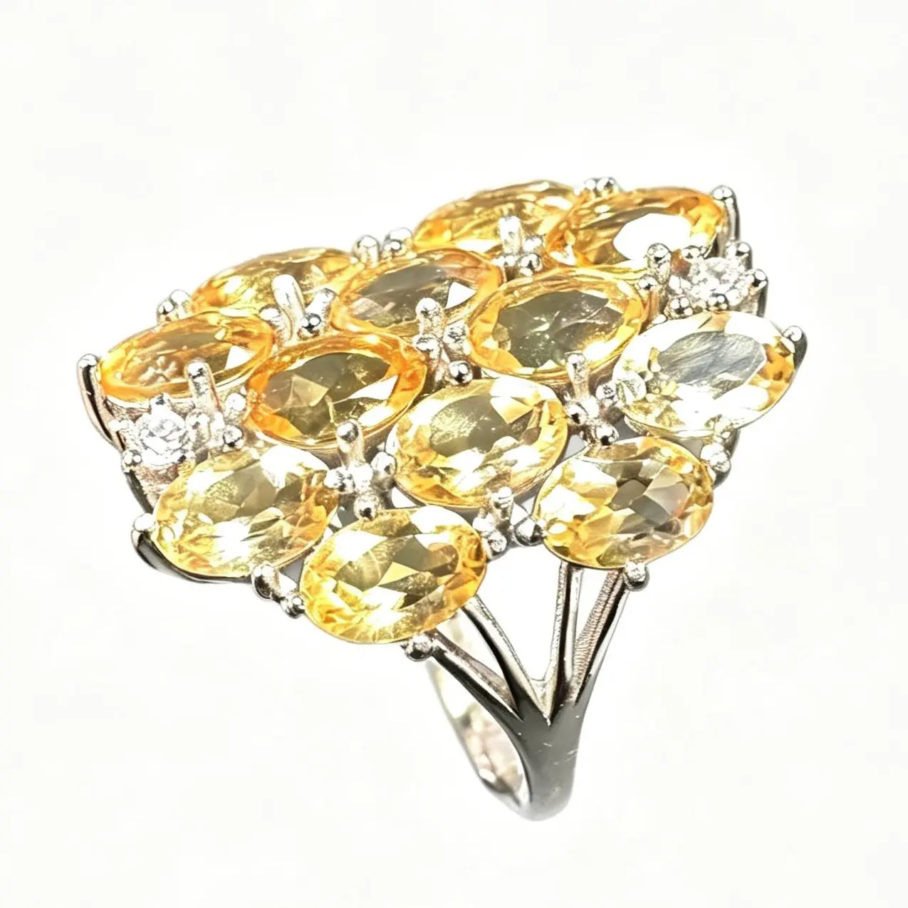 Unisex 925 Sterling Silver Adjustable 23.5×18mm Face Curved Citrine Statement Ring - 12 Oval Citrines, 2 Accent CZs, Comfort Fit Cocktail Ring for Birthday, Wedding, Anniversary