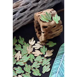 Saguaro: Gold Plated, Enameled Green Saguaro Cactus Charm, 15x25mm, 2pcs